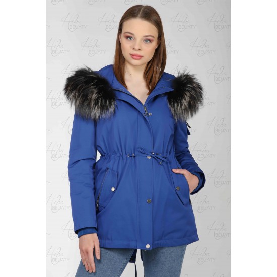 Jacket in stretch fabric and fox fur